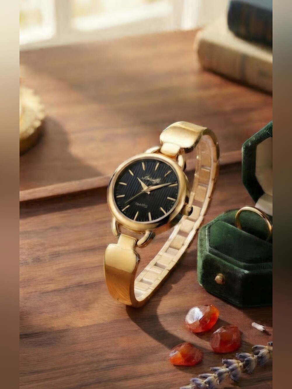 Gold Women's Stainless Steel Bracelet Watch with Black Dial